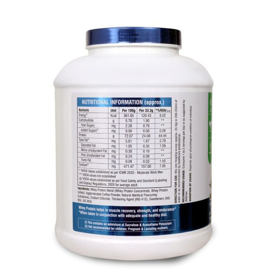 White protein powder container with blue label showing nutritional information on a white background