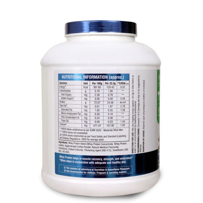 White protein powder container with blue label showing nutritional information on a white background